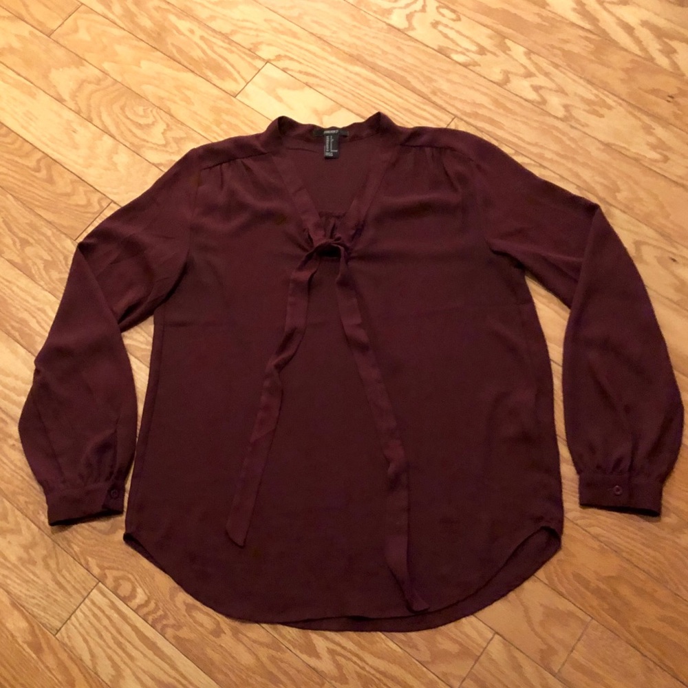 Forever 21 Tie Neck Long Sleeve Maroon Blouse Sm
